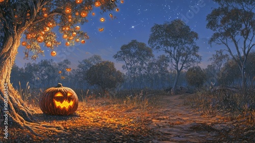 Illuminated pumpkin under starry night tree