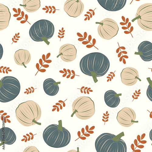 Seamless autumn harvest pattern with blue and white pumpkins on the light background. Vector