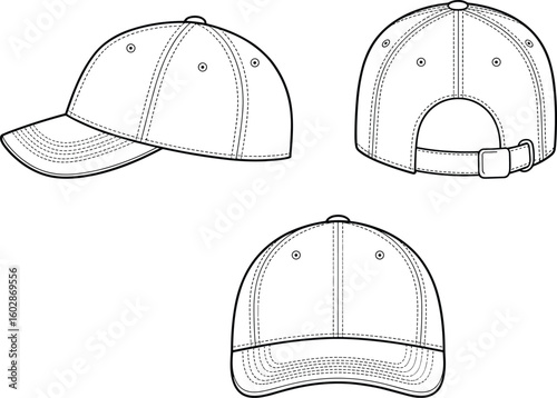 Classic Baseball Cap Vector, Front Back Side Views with Stitch Details and Buckle Strap, CAD Drawing Flat Vector Illustration