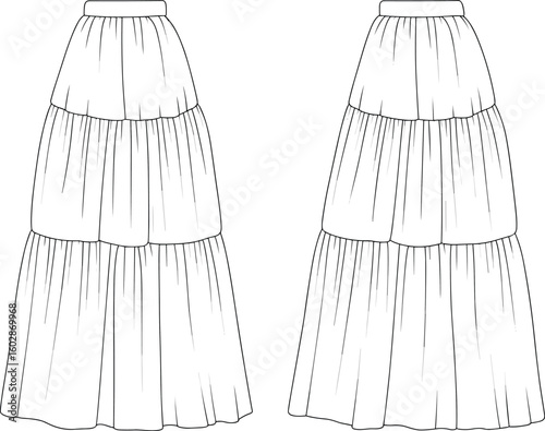 Tiered skirt design illustration, stylish summer fashion garment for women, front and back view artwork, elegant clothing sketch, trendy apparel concept, vector drawing
