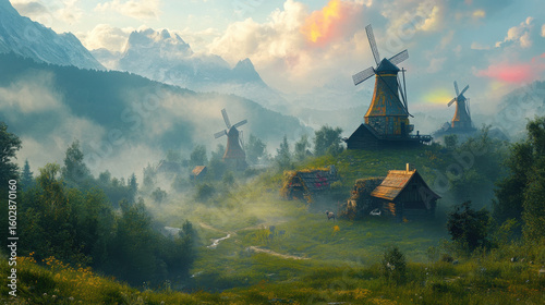 Misty Mountain Valley with Colorful Windmills and Rustic Houses at Sunrise