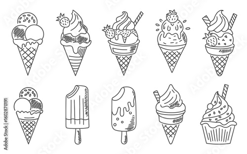 Collection of hand drawn ice cream desserts perfect for summer menus and fun food illustrations with cones and popsicles