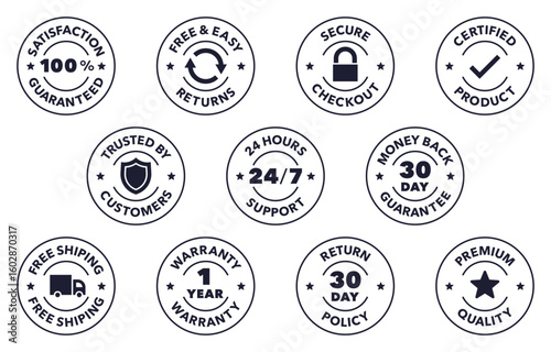 Minimalist Guarantee and Certified Badge Icons for Return Policy and Quality Assurance