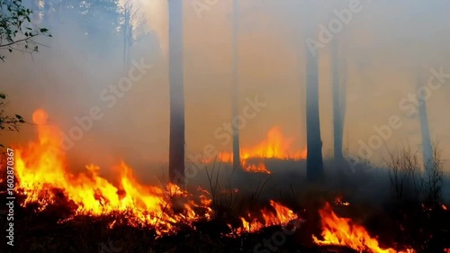 Wildfire spreading through forest with smoke and charred trees  