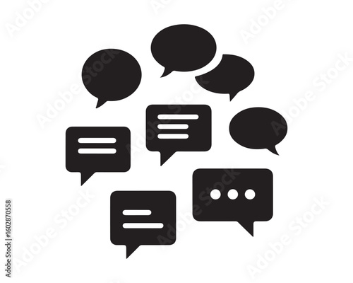 A collection of black speech bubbles of varying shapes and sizes arranged on a white background image