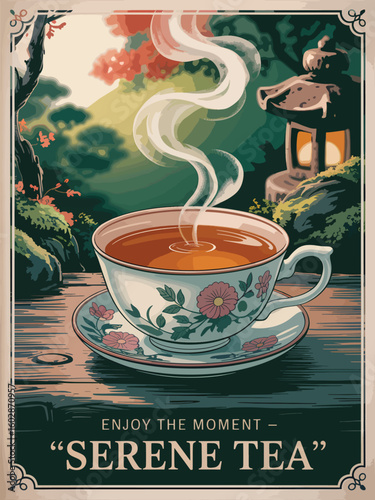 A warm brown coffee or tea mug with a spoon on a white saucer and a green flower sits on a breakfast table, ready to drink