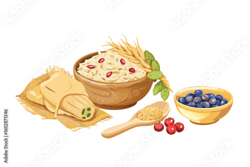 Photorealistic Oatmeal Ingredients Vector Set. Realistic Rolled Oats and Porridge with Toppings