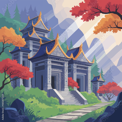 Ancient Asian temple architecture under a vast sky, showcasing traditional Japanese pagodas or Thai Wats, often found in the heart of a city park, is a landmark of culture and religion