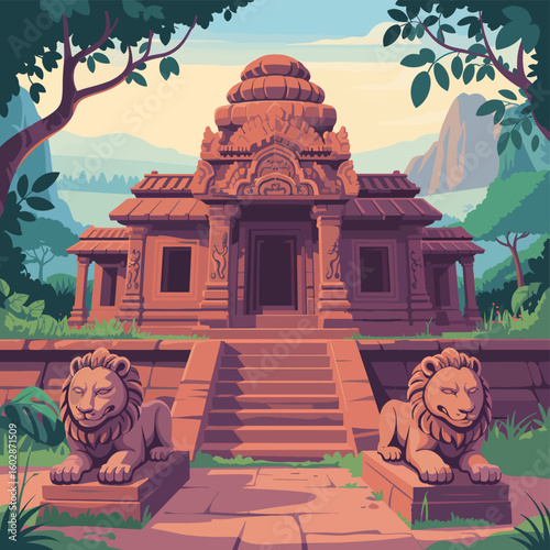 temples religion, Ancient stone Buddhist temple architecture in Asia, with a meditating statue under the sky