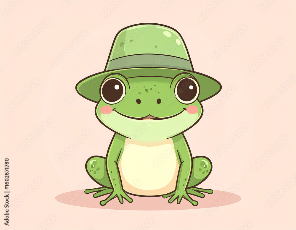 Fototapeta premium Cute Cartoon Frog Wearing Green Hat on Pastel Background