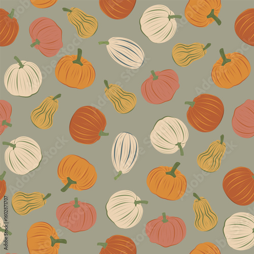 Seamless autumn harvest pattern with pumpkins and gourds on the olive grey background. Vector