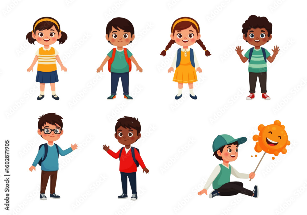 Diverse group of happy schoolchildren, boys and girls, standing and playing, showcasing different ethnicities and styles. Diverse group of happy schoolchildren, boys and girls, standing and playing, showcasing different ethnicities and styles.