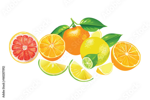 Photorealistic Citrus Fruits Vector Set. Realistic Lemon, Orange, and Grapefruit with Vitamin C capsules