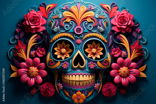 Day of the Dead skull with red flowers on a dark blue background, symbol of Mexican tradition and culture, illustration