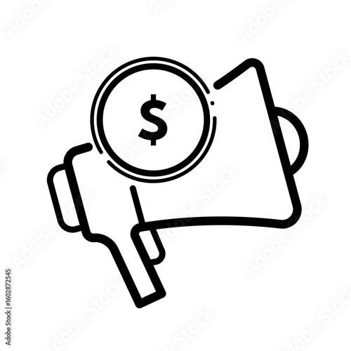  Megaphone with dollar coin, advertising cost and marketing budget - vector icon