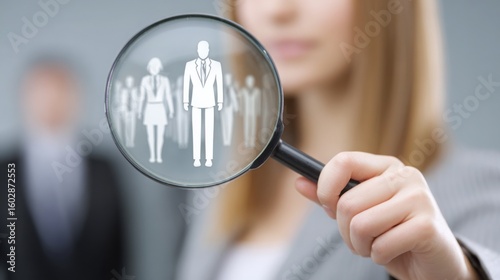 Woman examining a magnified person through a glass representing business role clarity and transparency in work life