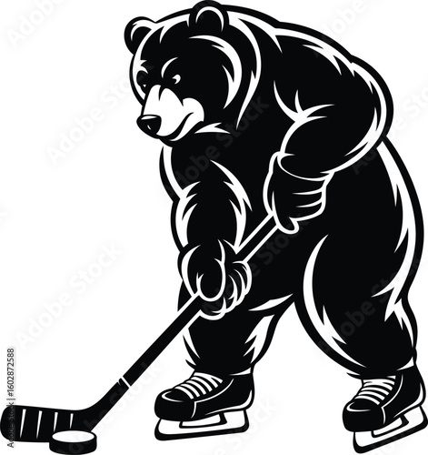Bear Playing Ice Hockey Silhouette Vector, Transparent Background.