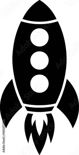 Black rocket ship with three oval windows and fiery exhaust spaceship space