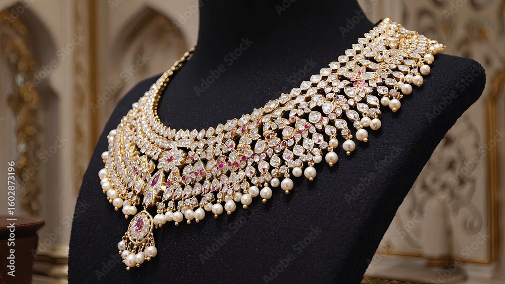 Fototapeta premium Gold necklace with pearls/gems