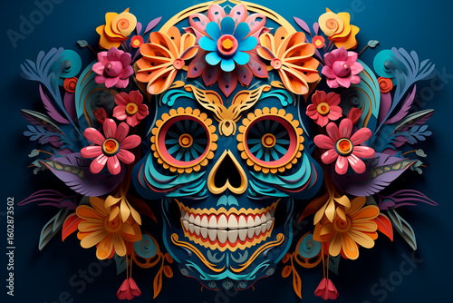 Day of the Dead skull with colorful flowers on a dark blue background, symbol of Mexican tradition and culture, illustration