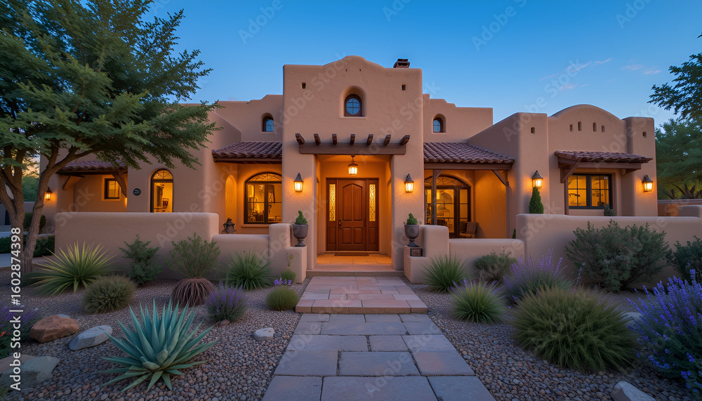 Naklejka premium Luxury real estate santa fe style home architecture design with desert landscaping and exterior lighting