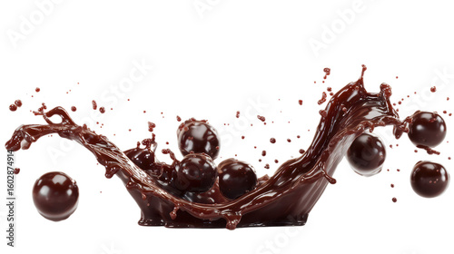 Dynamic Chocolate Splash with Droplets on White
