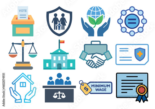 Art of a collection of line art icons illustrating governmental legal and social concepts with clean outlines