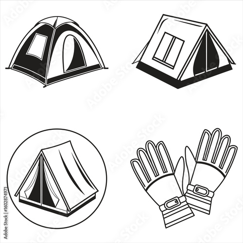 Line Art Camping Gear Illustration Featuring Tents and Gloves for Outdoor Adventures and Wilderness Exploration Designs