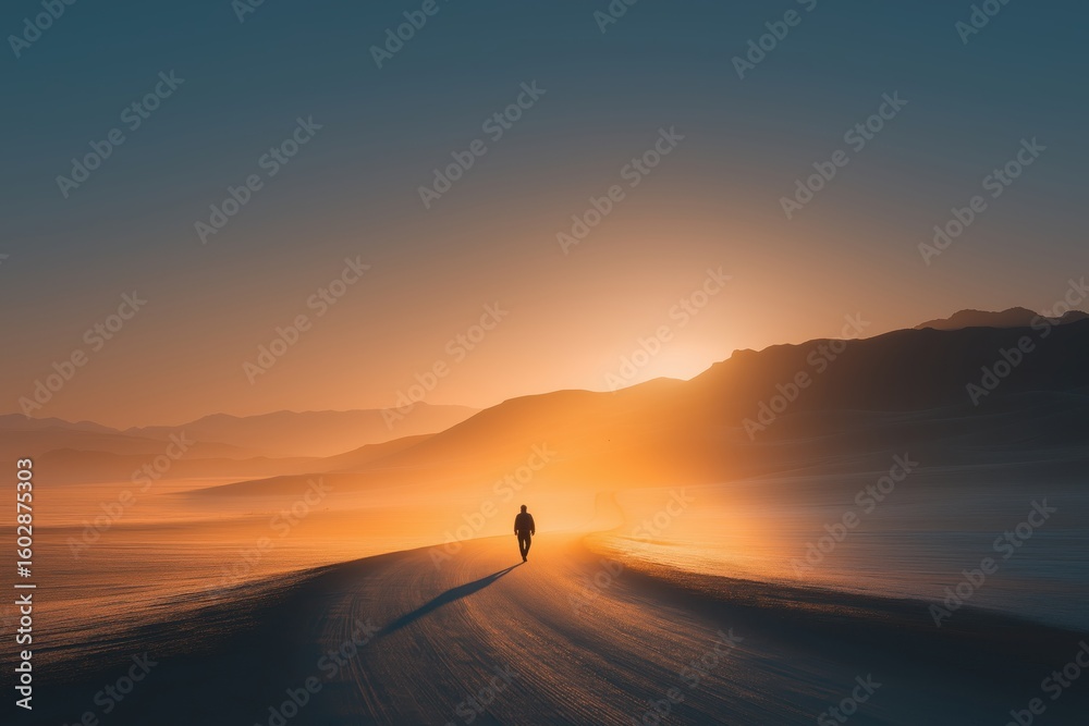 Obraz premium Solitary figure runs toward glowing surreal horizon, liquid gold desert stretching infinitely