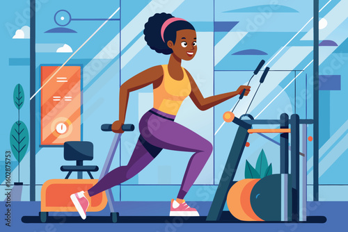 African American woman exercising on elliptical machine at the gym for fitness