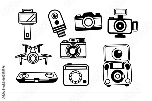 Collection of hand drawn doodle style cameras and photography equipment on a white background