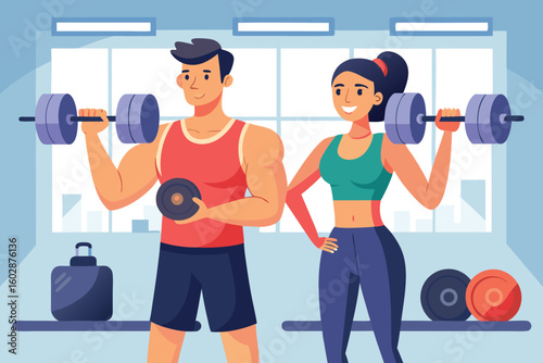 Cartoon illustration of a man and woman lifting weights in a gym