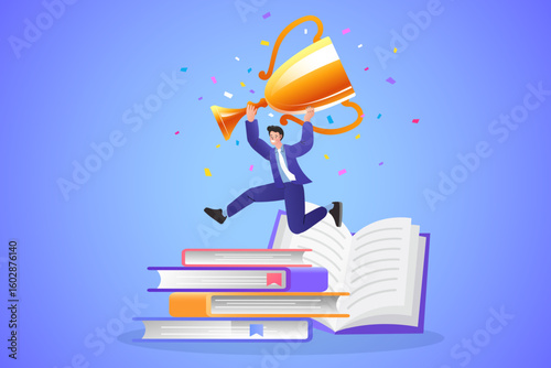 Businessman running up a stack of books to reach a golden trophy. A concept of achieving success through knowledge, education, and hard work