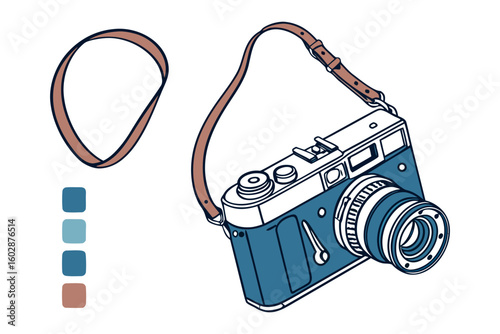 Vintage blue film camera with a worn leather strap and color swatch options for photography enthusiasts