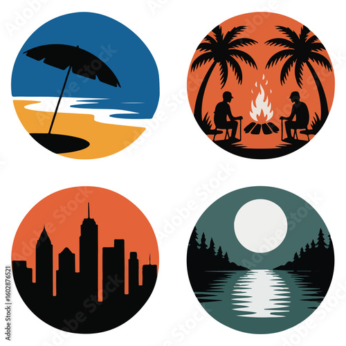 Beach and palm tree tropical island sunset vector icon set