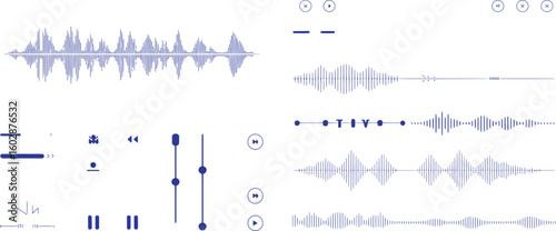 Blue audio wave forms and playback controls sound waveform