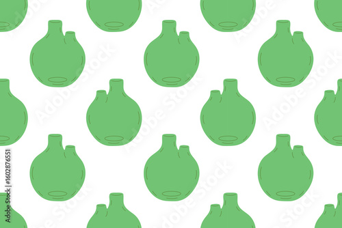 Pattern with repeating green round ceramic vases on white background