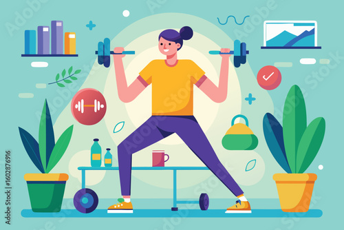 Woman doing lunges with dumbbells in a home gym illustration