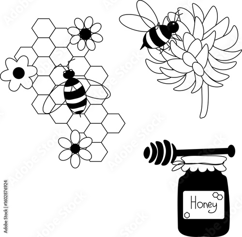Honey set, honeycomb, bees and simple flowers Honey composition set. Vector graphic line illustration. Sweet composition with blooming flowers and working bees