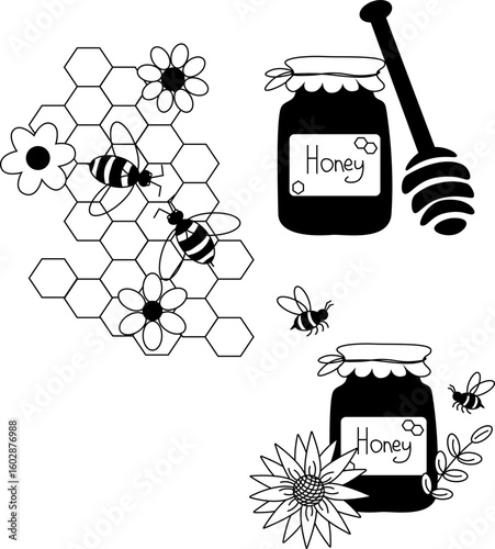Elegant honey jar with bee and hexagon Honey composition set. Vector graphic line illustration. design for fashion graphics, textile prints, fabrics, wallpapers. For logo, web, package, sticker.