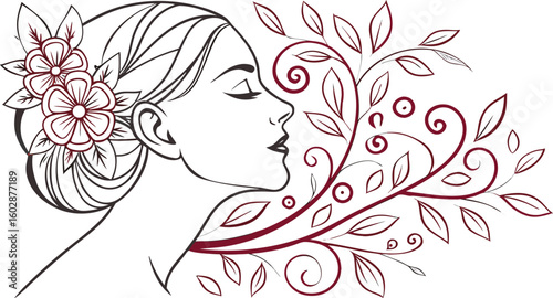 Elegant woman portrait with flowers and swirling vines in a minimalist line art design style
