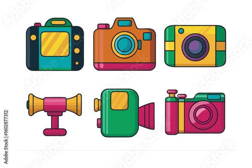 A collection of six colorful and stylized vintage and modern cameras and camcorders on a white background