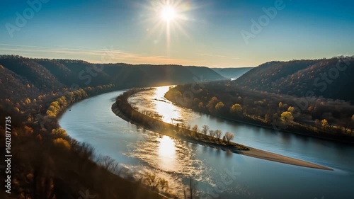 Sunrise Over Scenic River Bend in Autumn