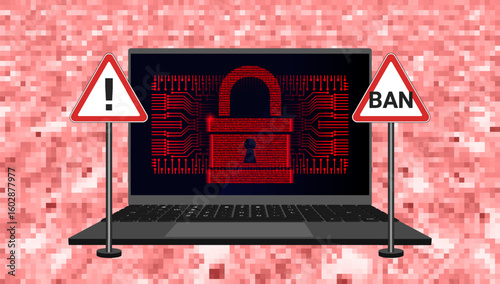 Vector 3d mobile portable black computer with digital red lock on screen. Laptop or notebook. Exclamation mark and ban sign. Cyber security, internet data protection. Access Denied. Pixel background