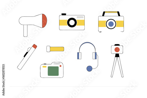A whimsical collection of hand drawn gadgets and electronics featuring a hair dryer camera headphones and more
