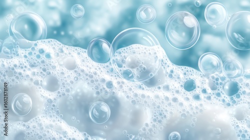 Sudsy bubbles on a blue background, likely from soap or detergent