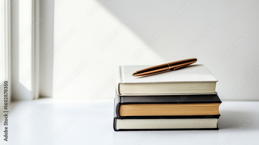 Fototapeta premium A stack of books with a pen on top