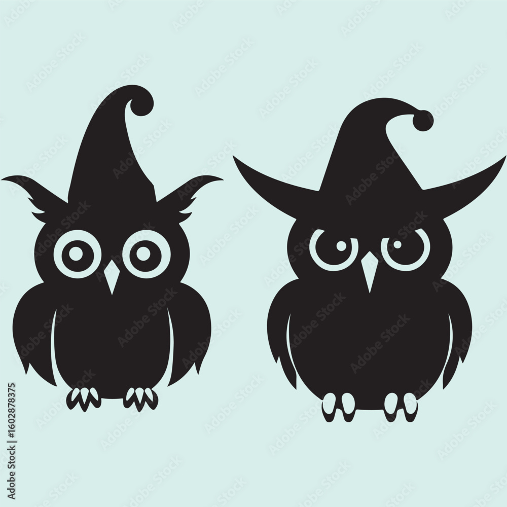 Fototapeta premium Owls Wearing Halloween Witch Hat Silhouette Vector Design