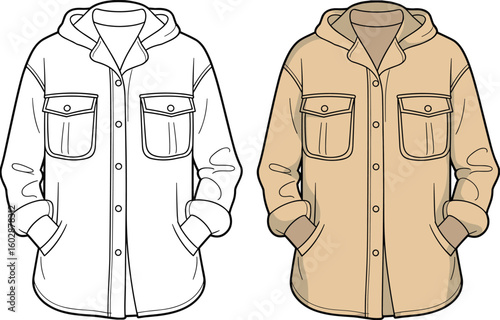 Stylish Hooded Overshirt or Shacket with Button Closure, Chest Pockets, and Side Pockets, Versatile Outerwear for Casual, Layered, and Trendy Fashion.