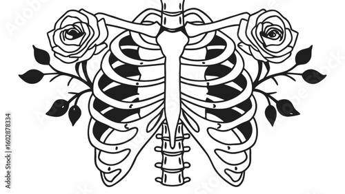 Floral rib cage tattoo design vector illustration anatomy with roses and leaves aesthetic drawing